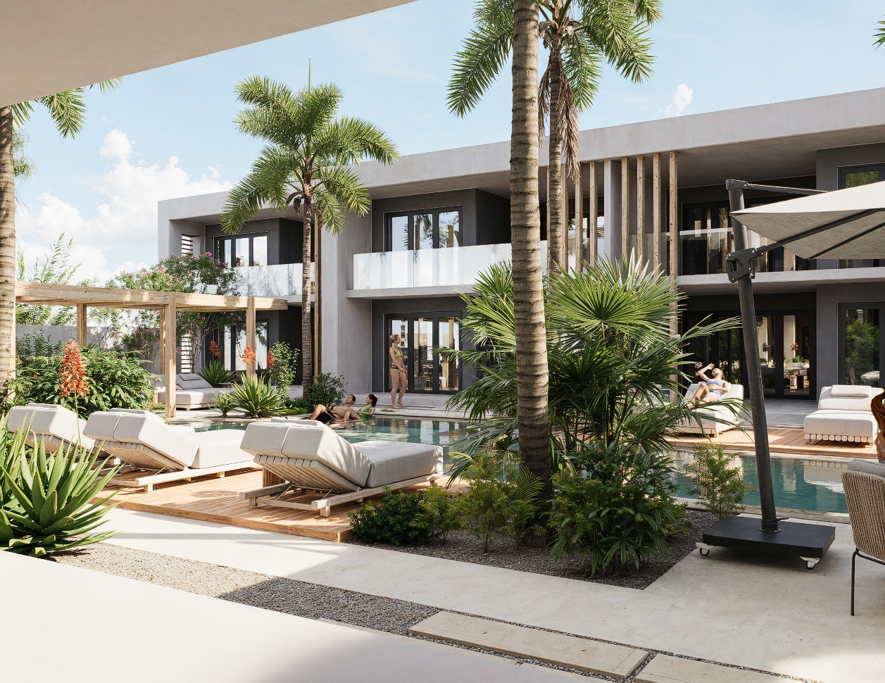 Tropische tuin met moderne appartementen